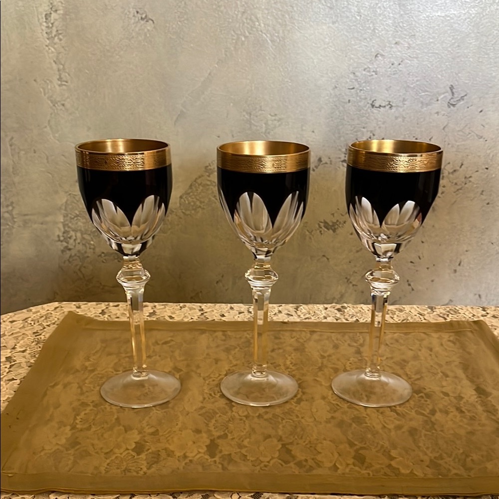 Vintage Moser Burgundy Colored Crystal Wine Glass With Gold Rim Set of 3